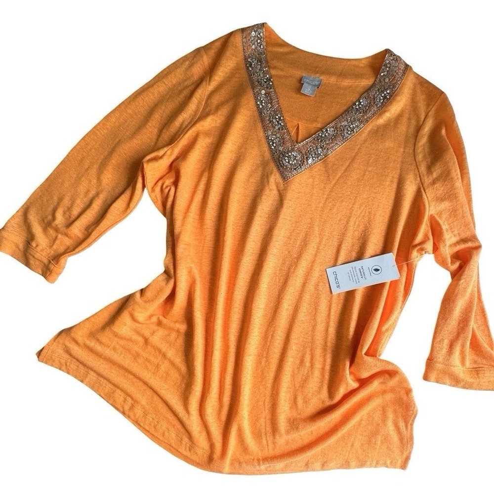 Chico's Linen Knit Tunic Medium/Orange V-Neck/ Sequin Embellishment/3/4 Sleeve